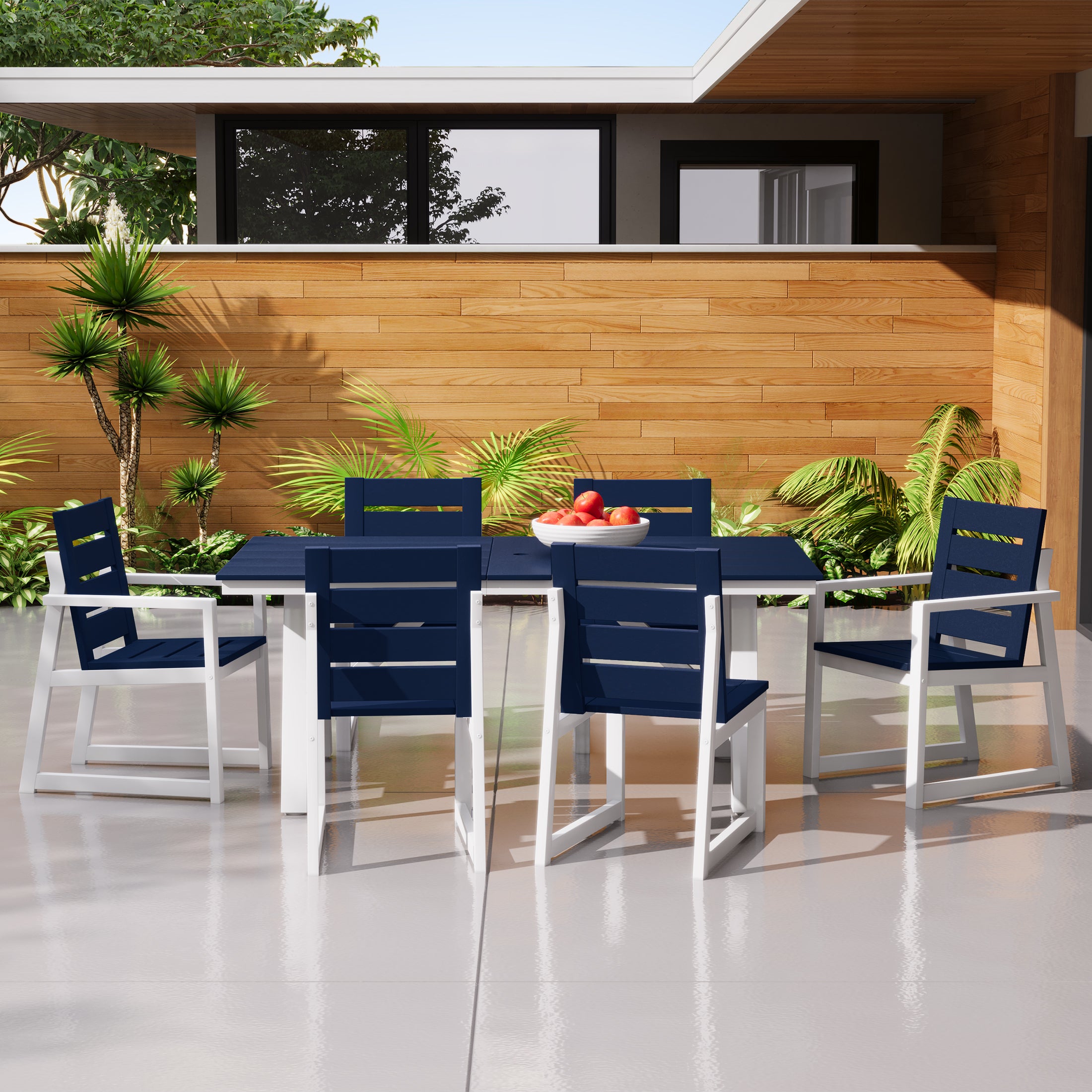 Stinson 7-Piece HDPE Outdoor Furniture Patio Dining Table With Umbrella Hole and Chairs Set For 6
