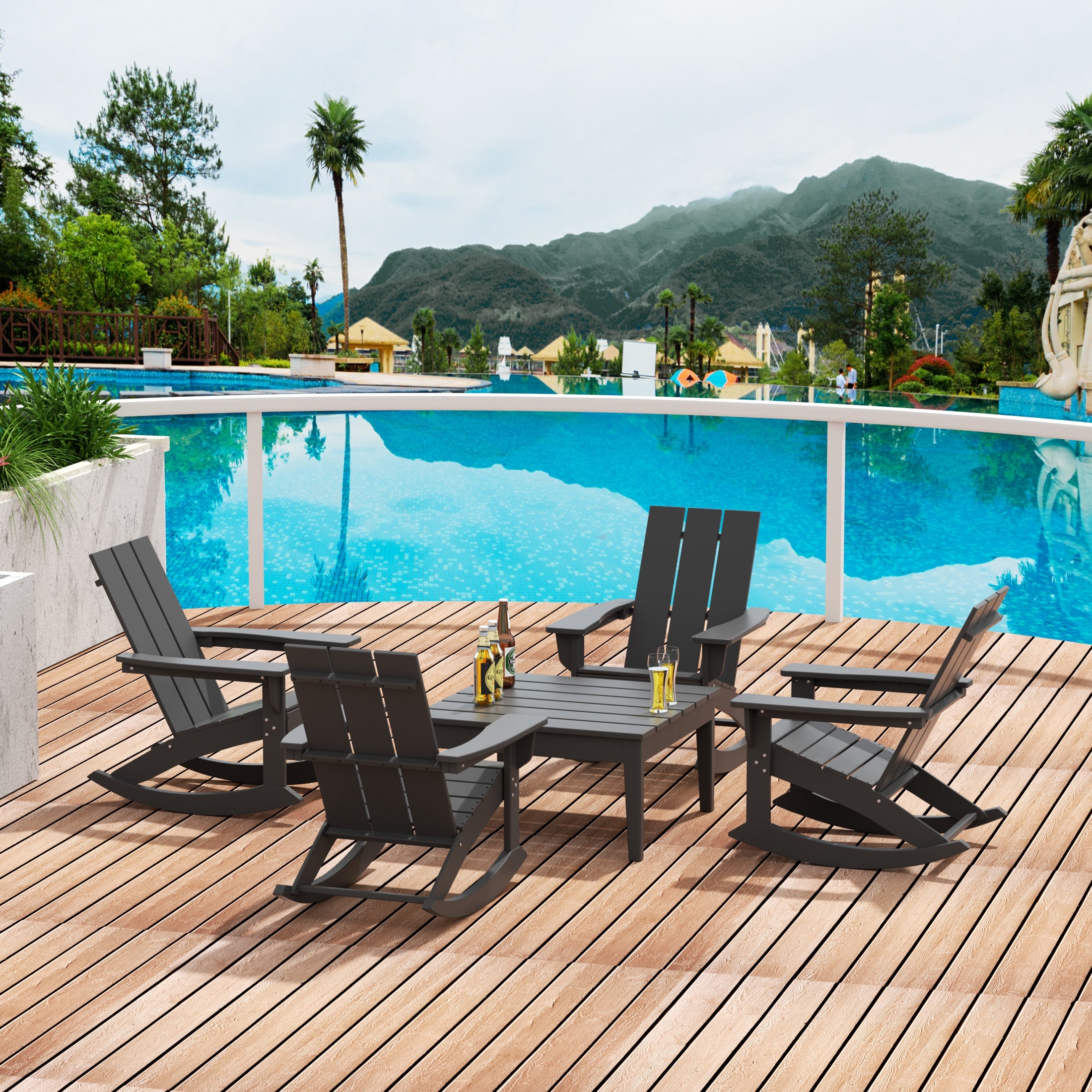 Palms 5-Piece Set Modern Plastic Outdoor Rocking Chairs with Square Side Table