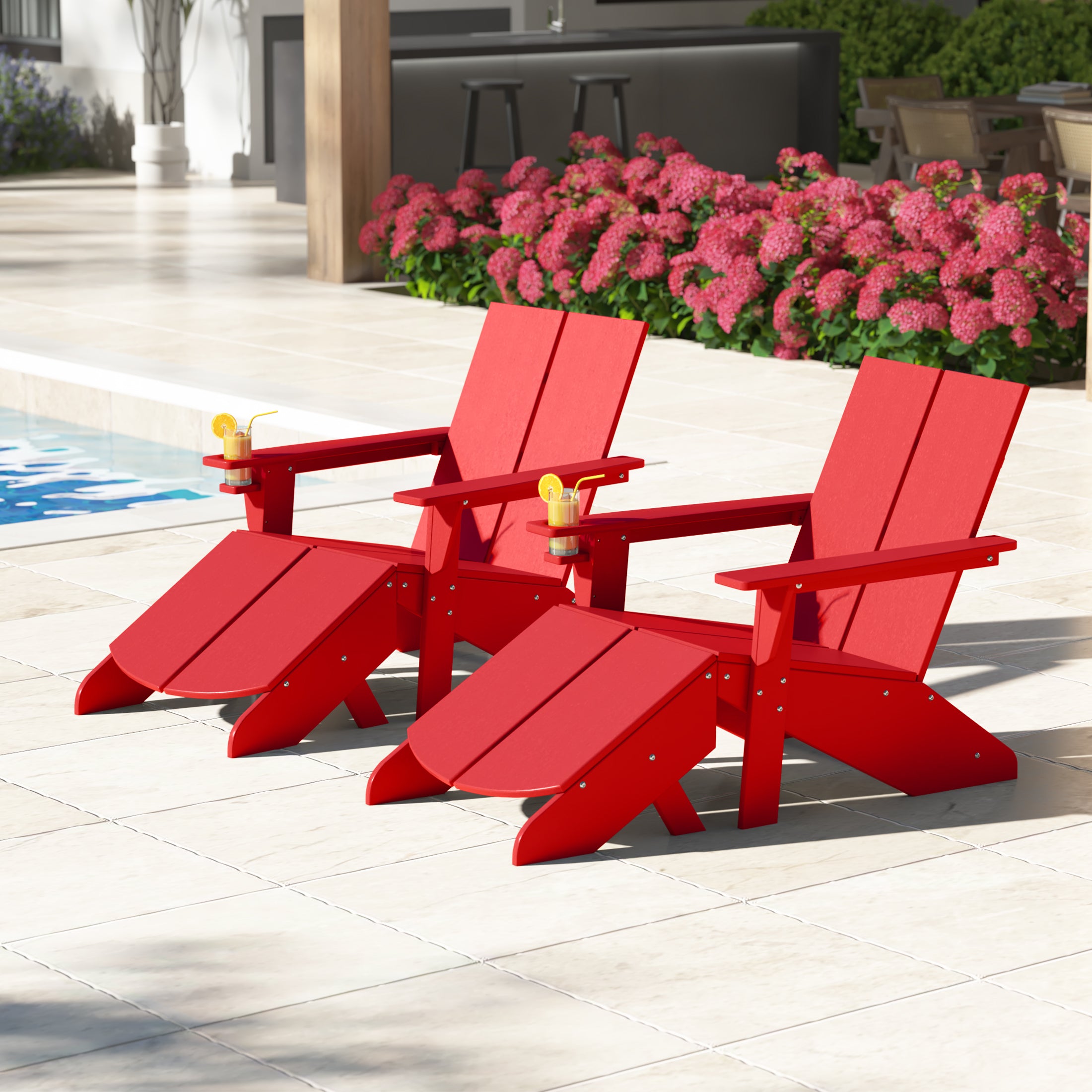 Seaview Outdoor 4-Piece HDPE Modern Adirondack Chairs Set with Folding Patio Ottomans and Cup Holder