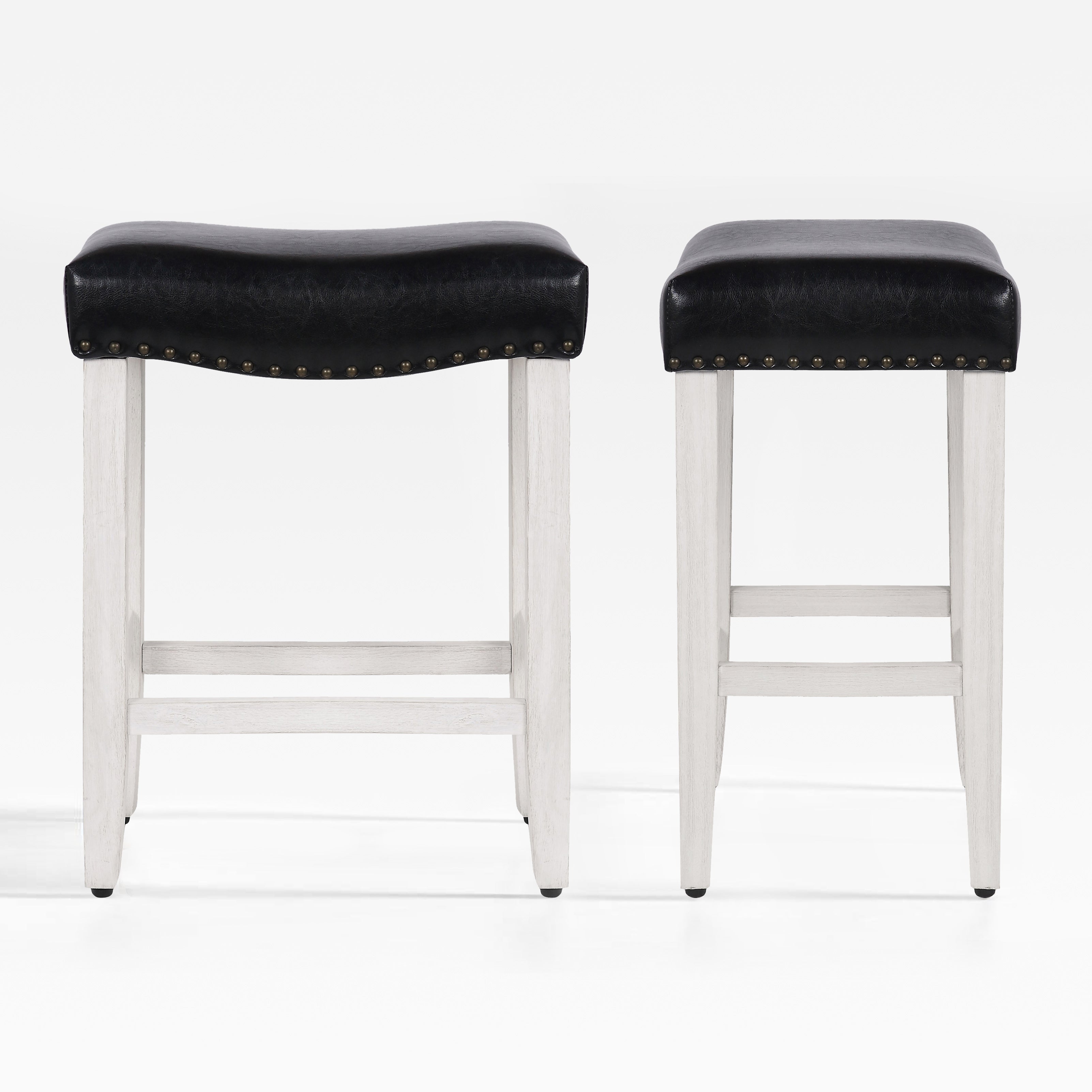 Bulmon 24" upholstered nail head bar counter stools with Antique White color legs (2 piece set)