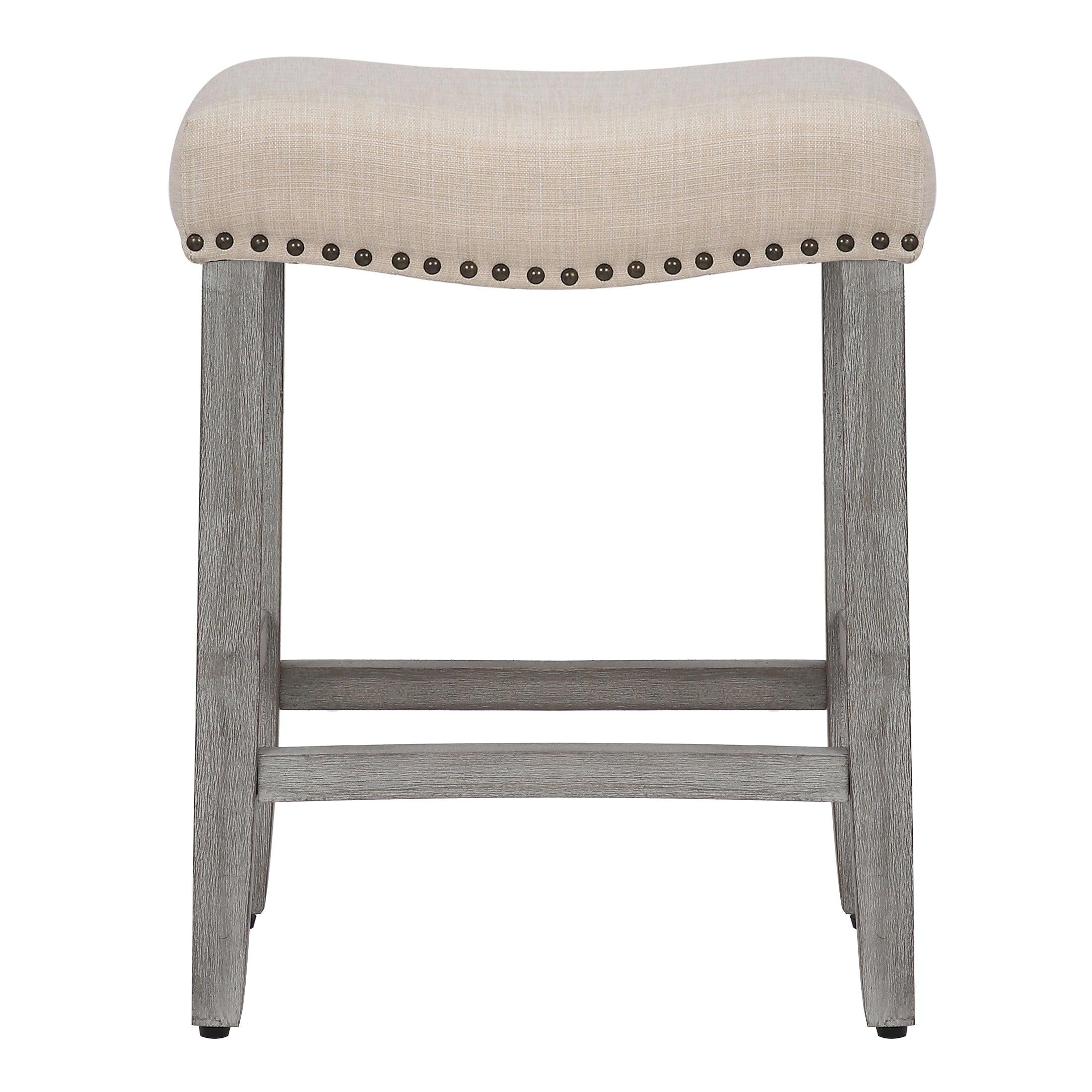 Lindsey 24" Upholstered Saddle Seat Bar Stool (Set of 2), Antique Gray/Beige