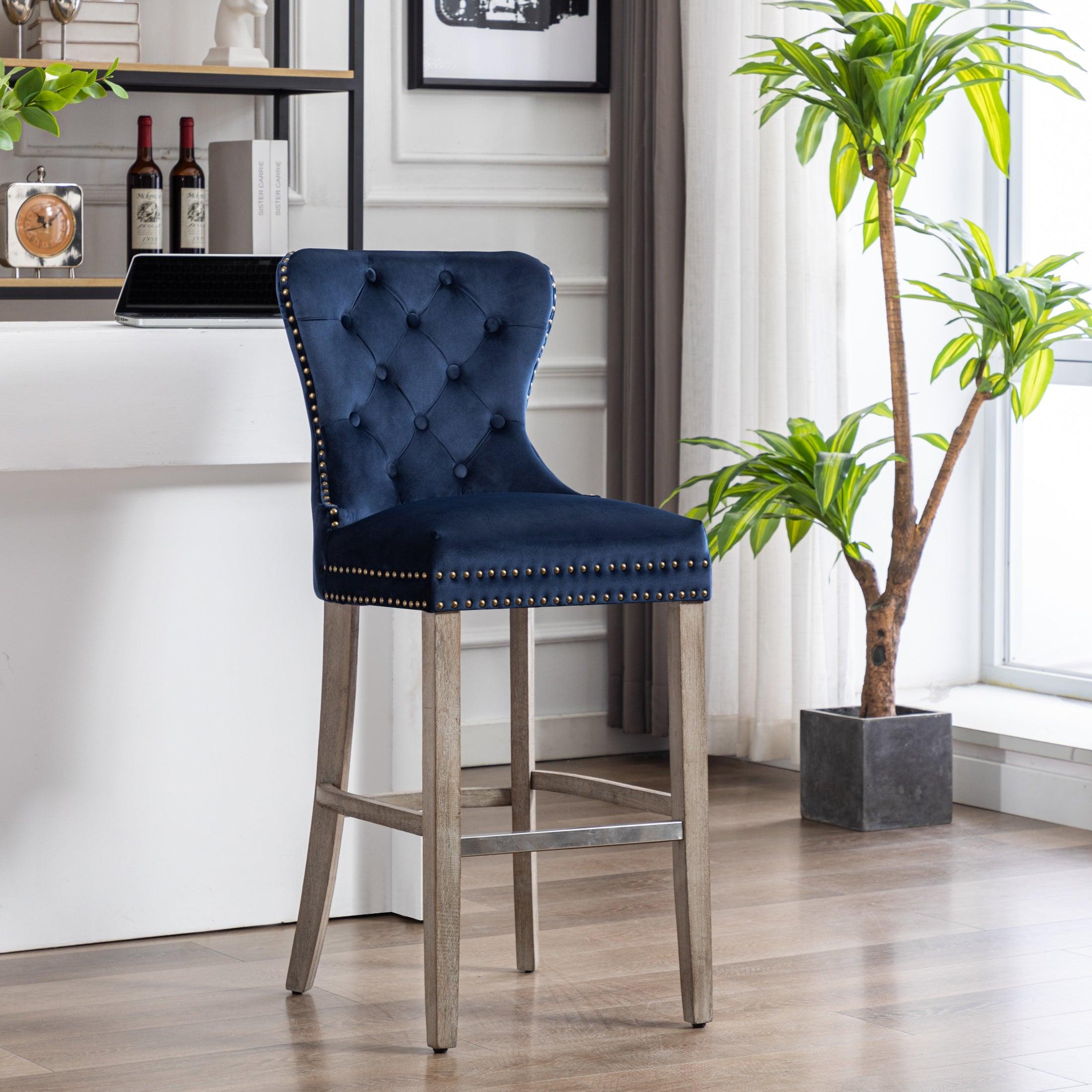Hank 29" Tufted Velvet Counter Stool, Antique Gray/Velvet Navy Blue