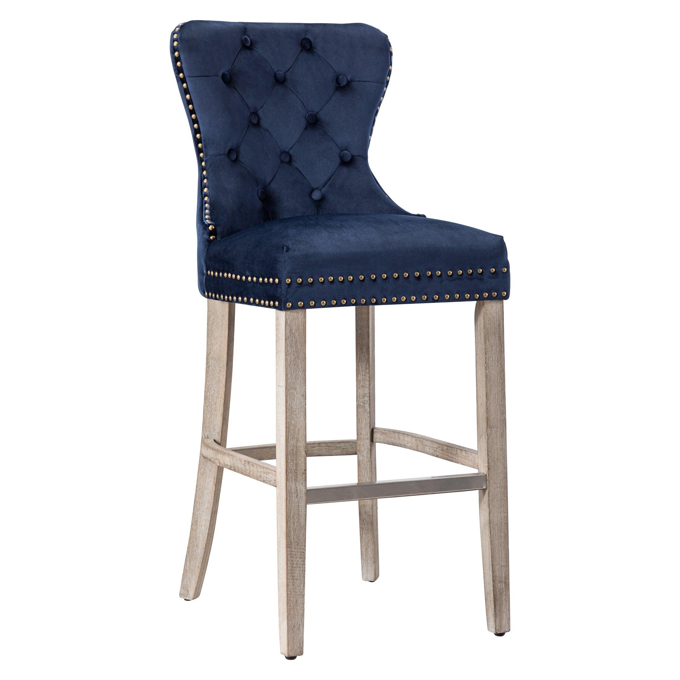 Hank 29" Tufted Velvet Counter Stool, Antique Gray/Velvet Navy Blue