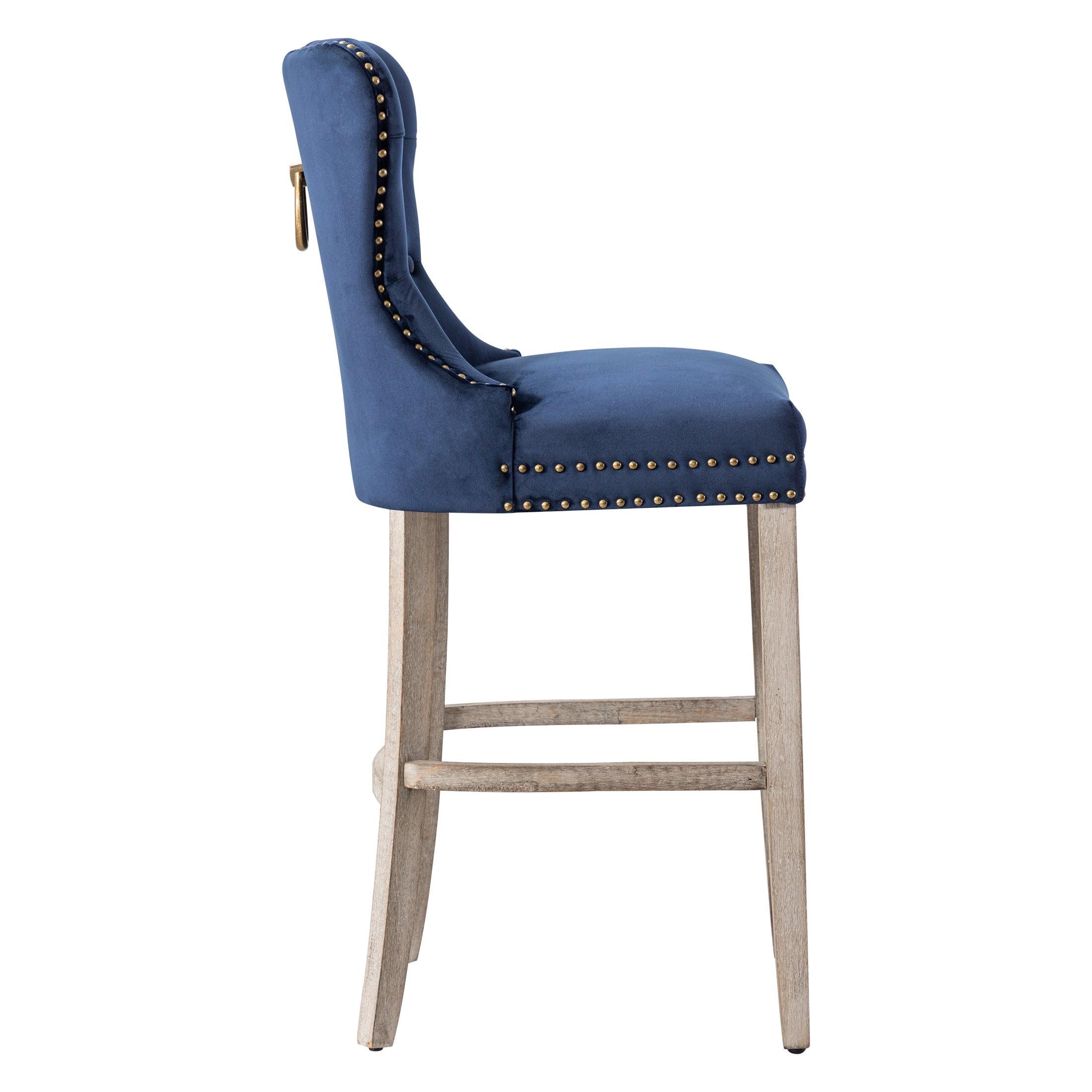 Hank 29" Tufted Velvet Counter Stool, Antique Gray/Velvet Navy Blue