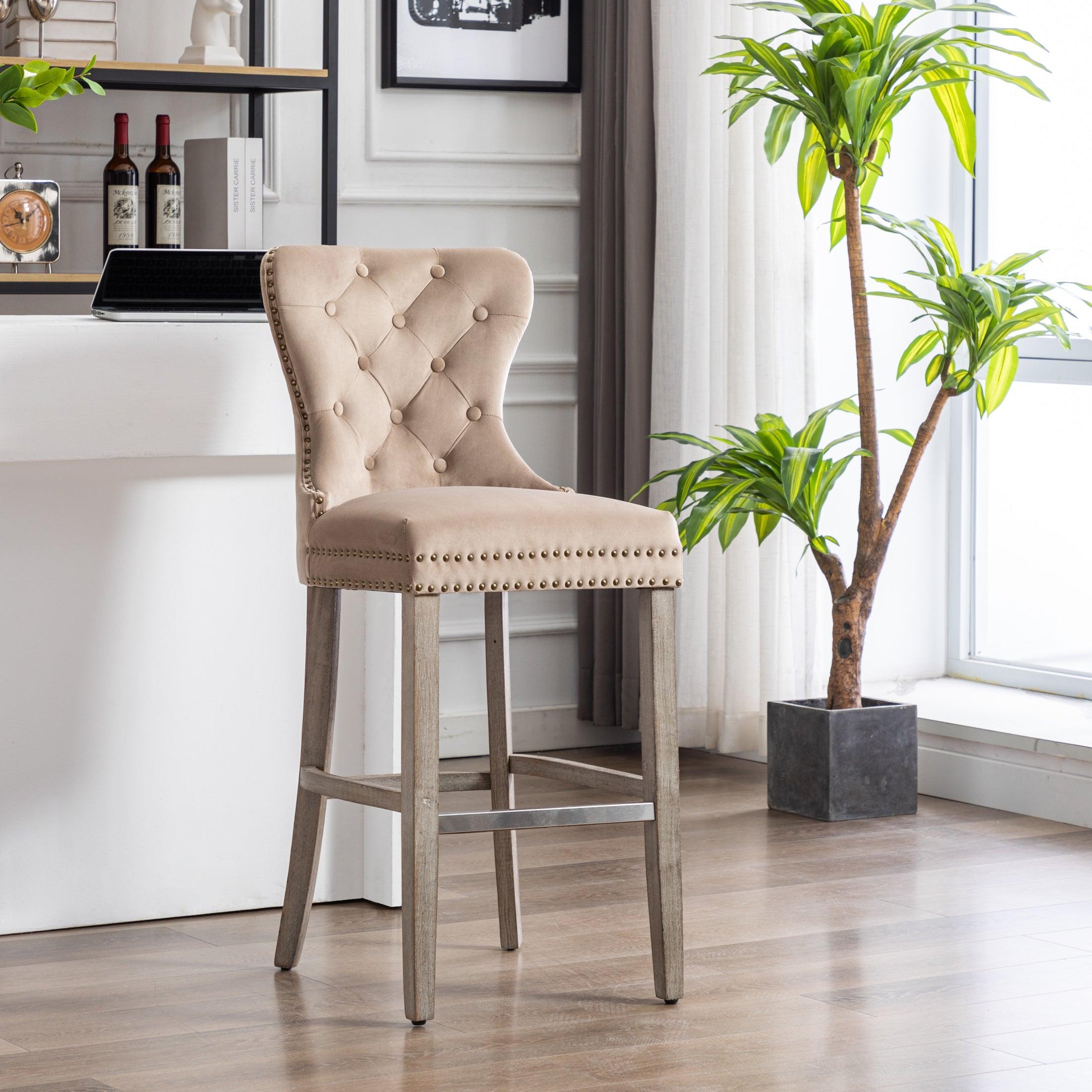 Hank 29" Tufted Velvet Counter Stool, Antique Gray/Velvet Taupe