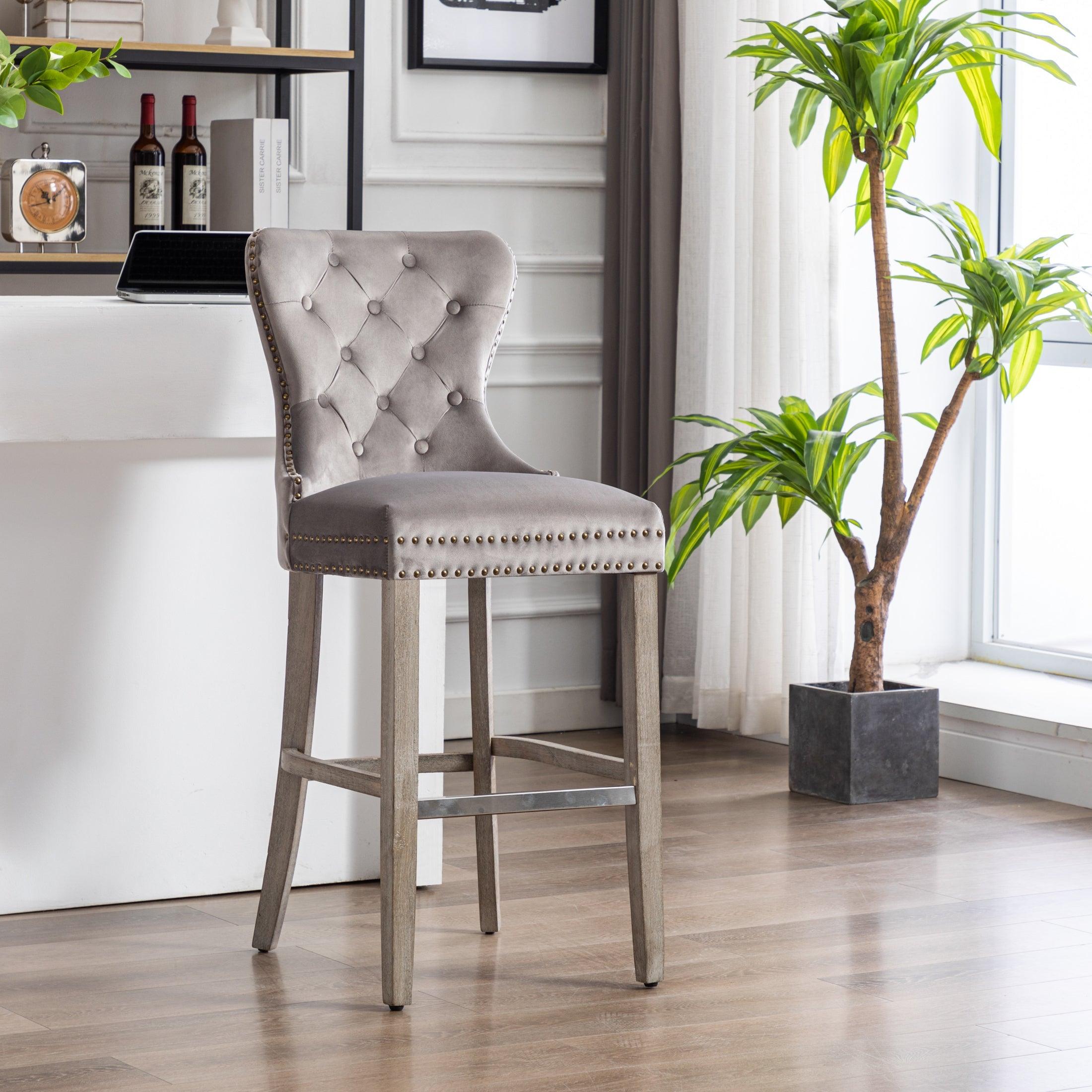 Hank 29" Tufted Velvet Counter Stool, Antique Gray/Velvet Gray