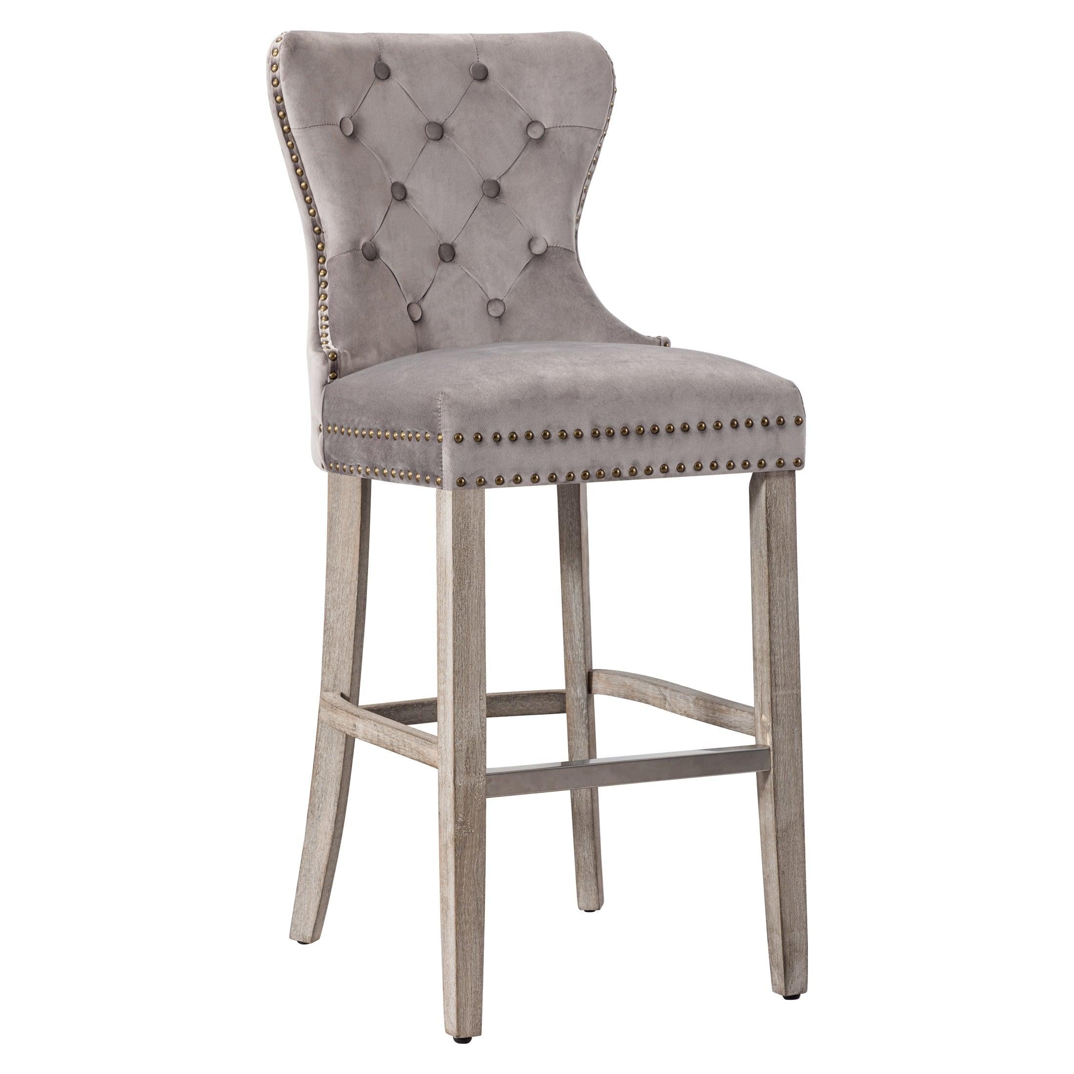 Hank 29" Tufted Velvet Counter Stool, Antique Gray/Velvet Gray