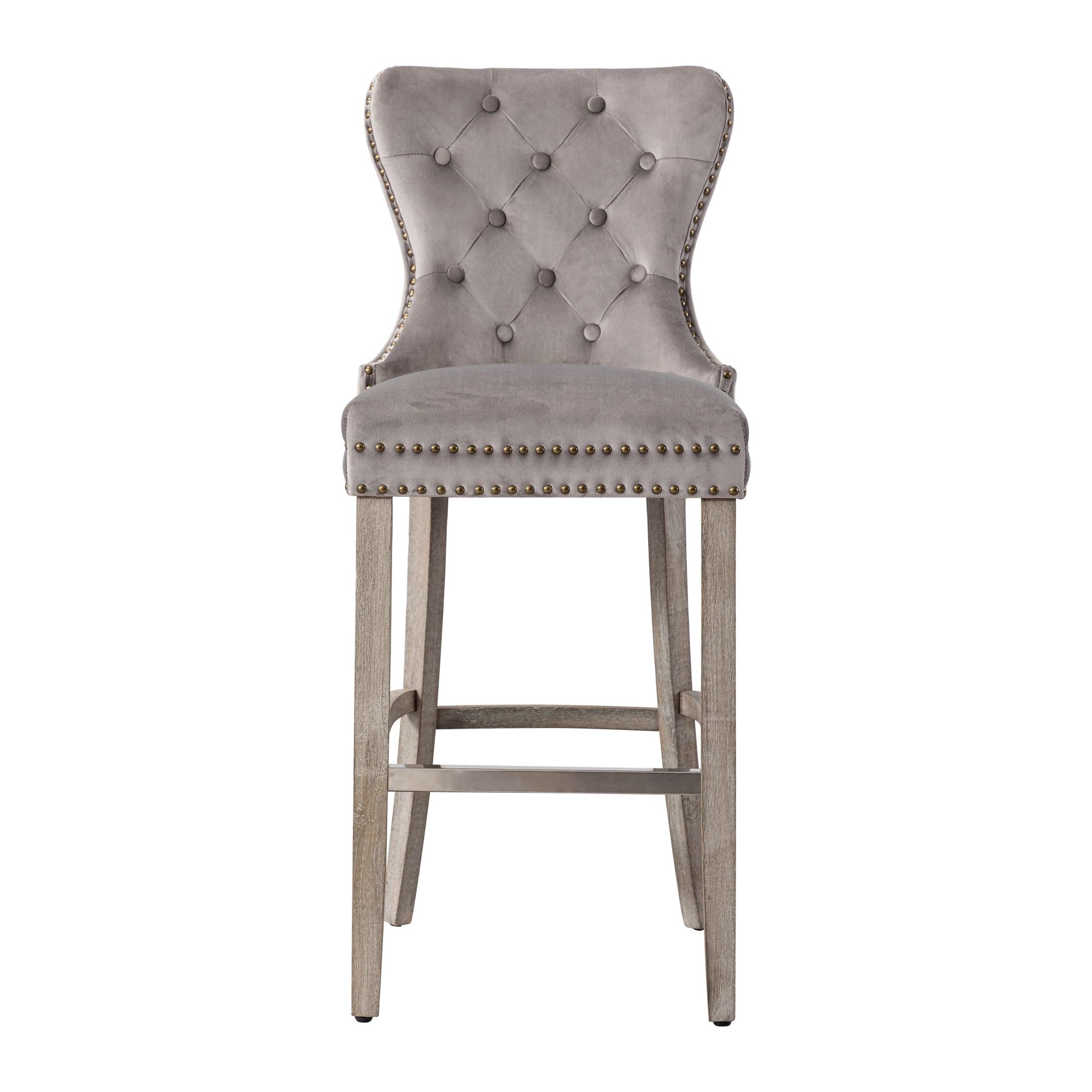 Hank 29" Tufted Velvet Counter Stool, Antique Gray/Velvet Gray