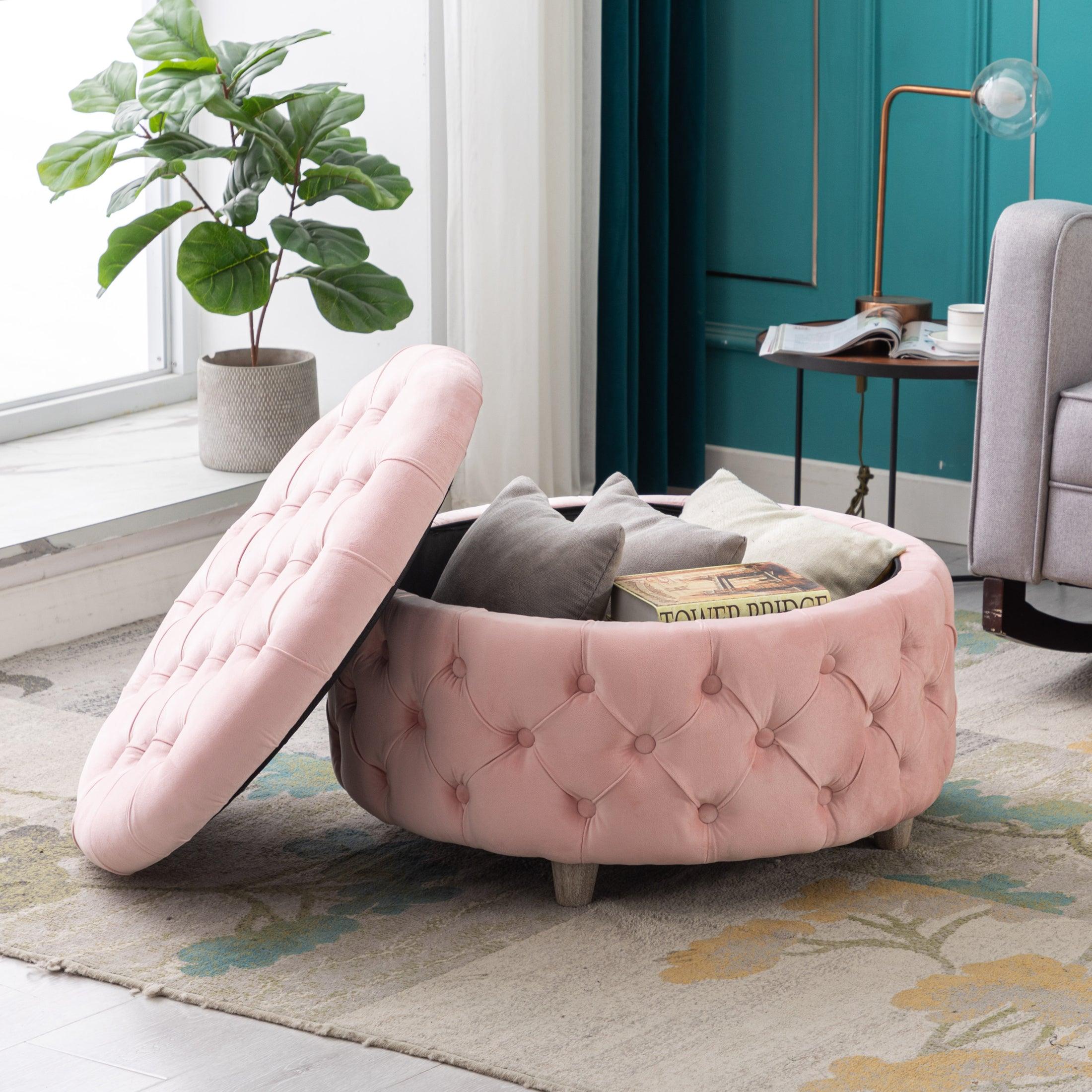 Costaelm Hank Round 29.5 inch Velvet Tufted Storage Ottoman Gray