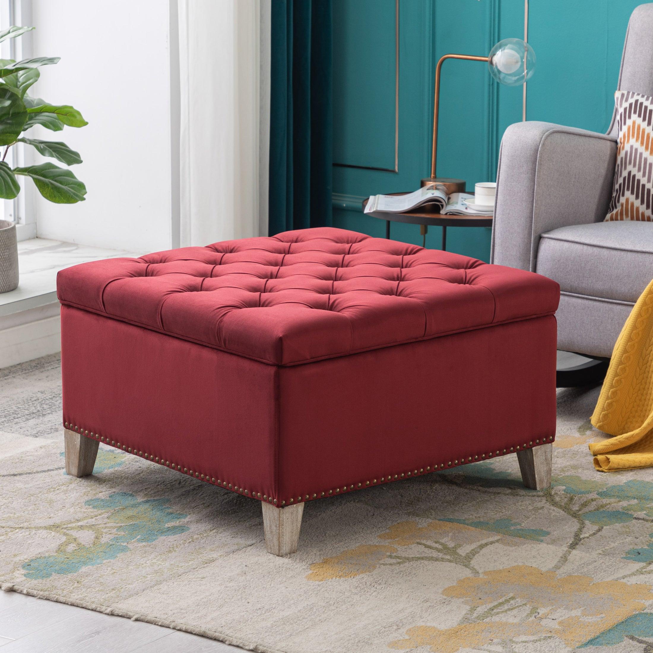 Costaelm Hank Square 29.5 inch Velvet Tufted Storage Ottoman Red