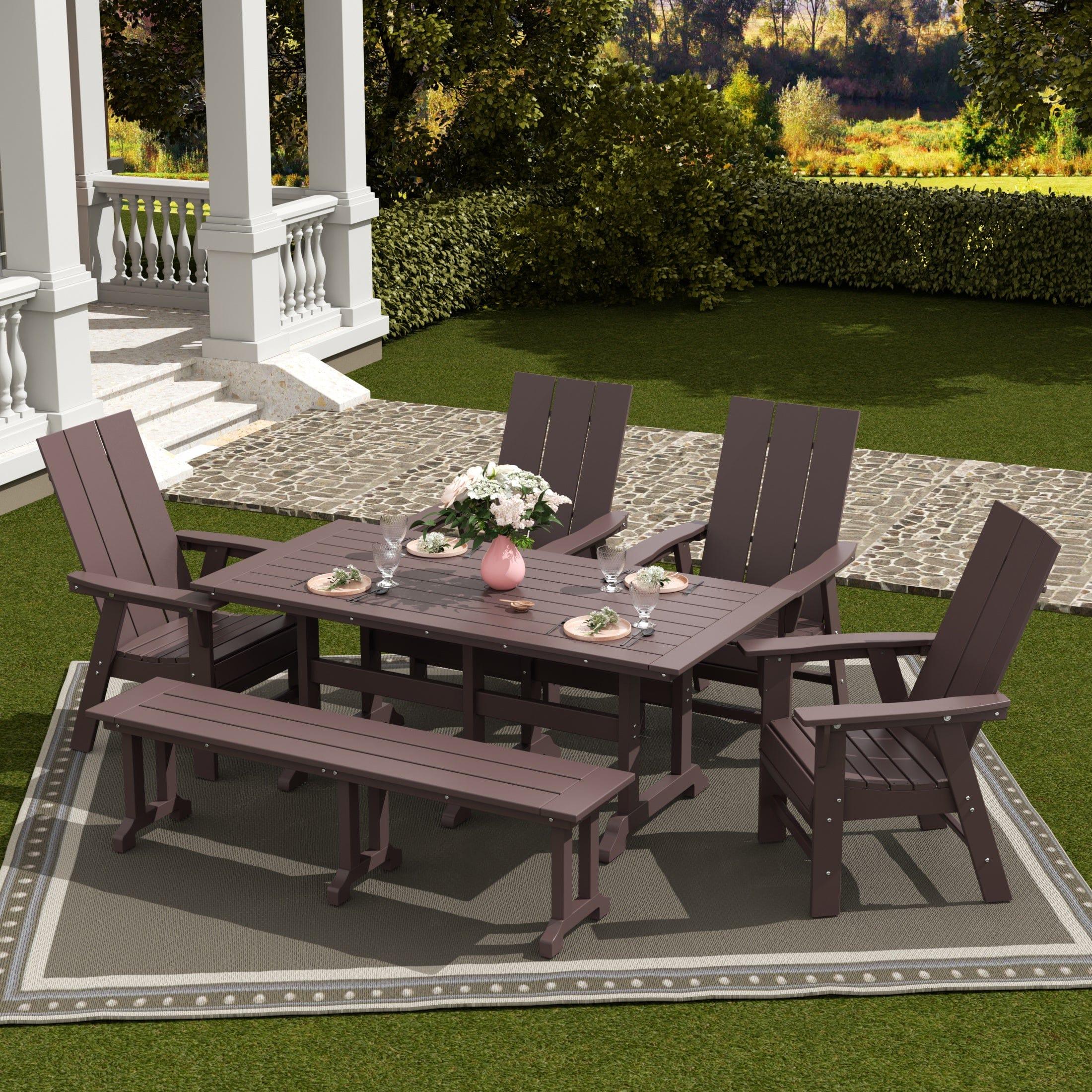Palms 6 Piece Dining Table Modern Adirondack Chair and Bench Set - Costaelm