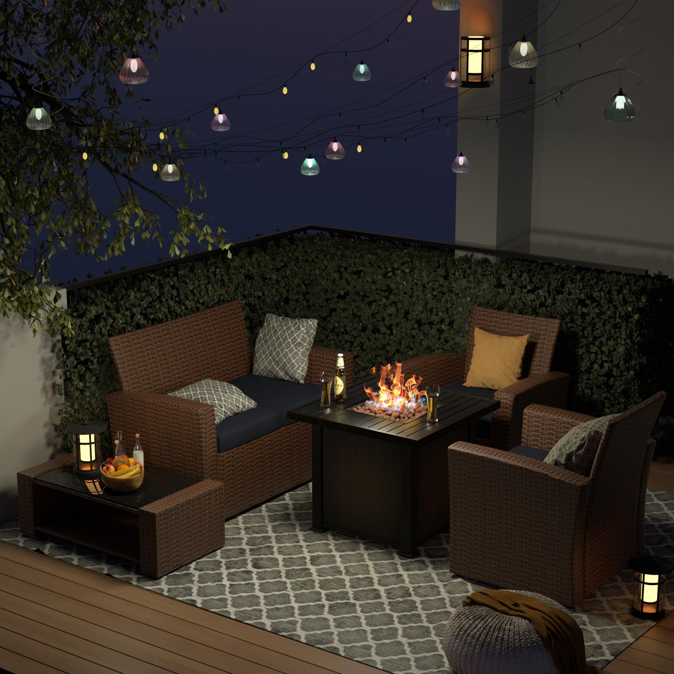 Wynston 4-Piece Conversation Outdoor Patio Sofa Set with Square Fire Pit Table Brown - Costaelm