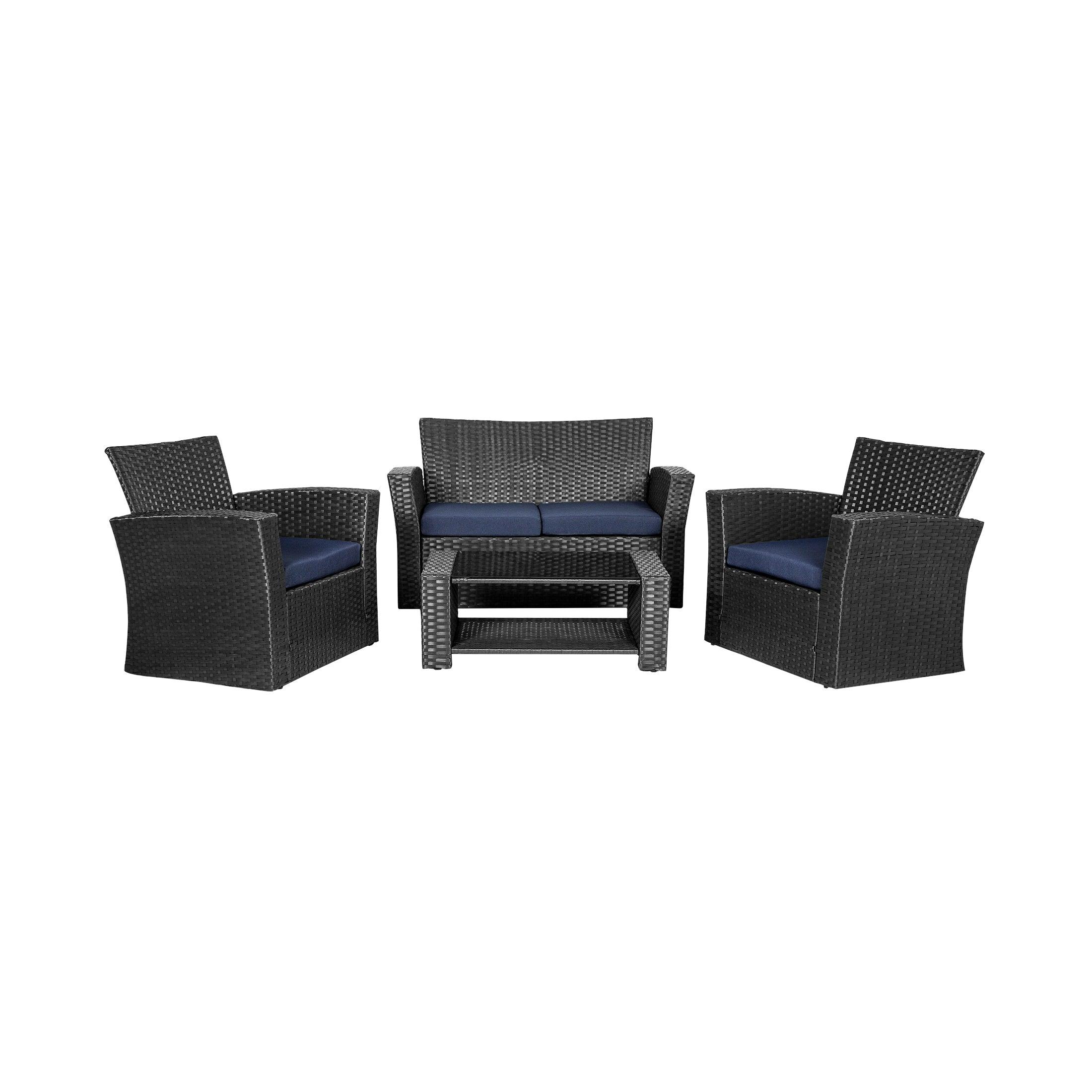 WYNSTON 4-Piece Outdoor Patio Conversation Set with Cushions, Black/Navy Blue