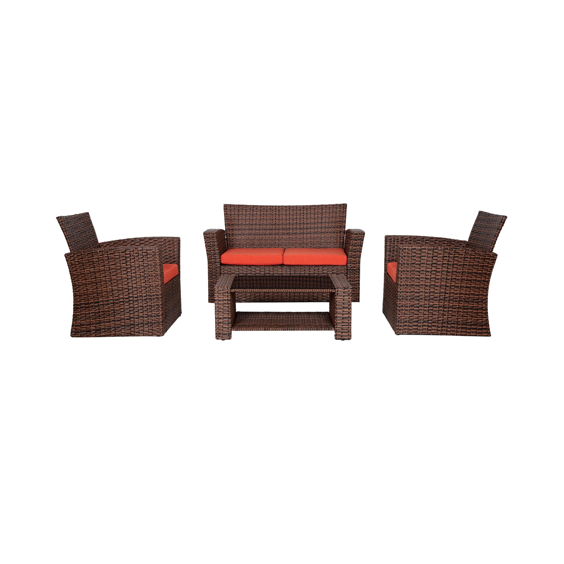 WYNSTON 4-Piece Outdoor Patio Conversation Set with Cushions, Brown/Orange